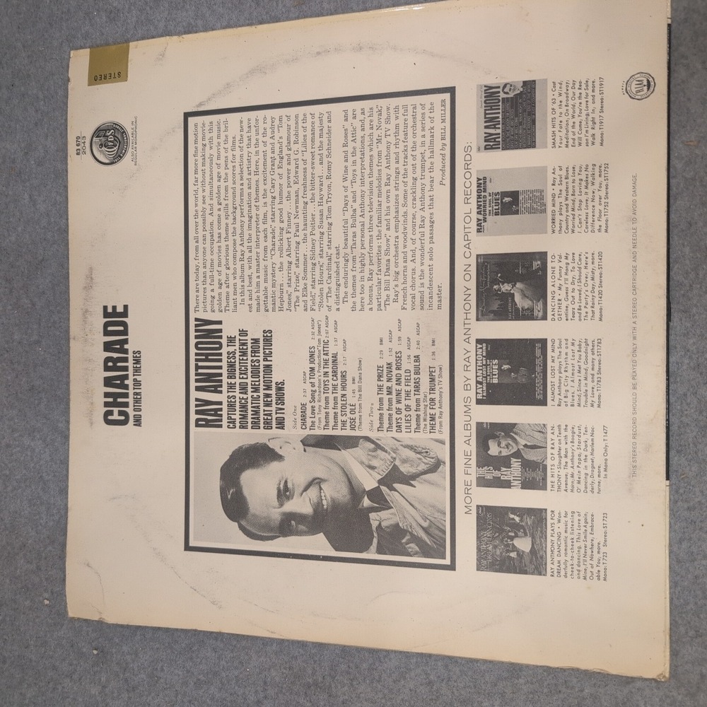 Ray Anthony Charade and Other Top Themes Vinyl LP Capitol STK 83670 Stereo VG - Picture 2 of 6